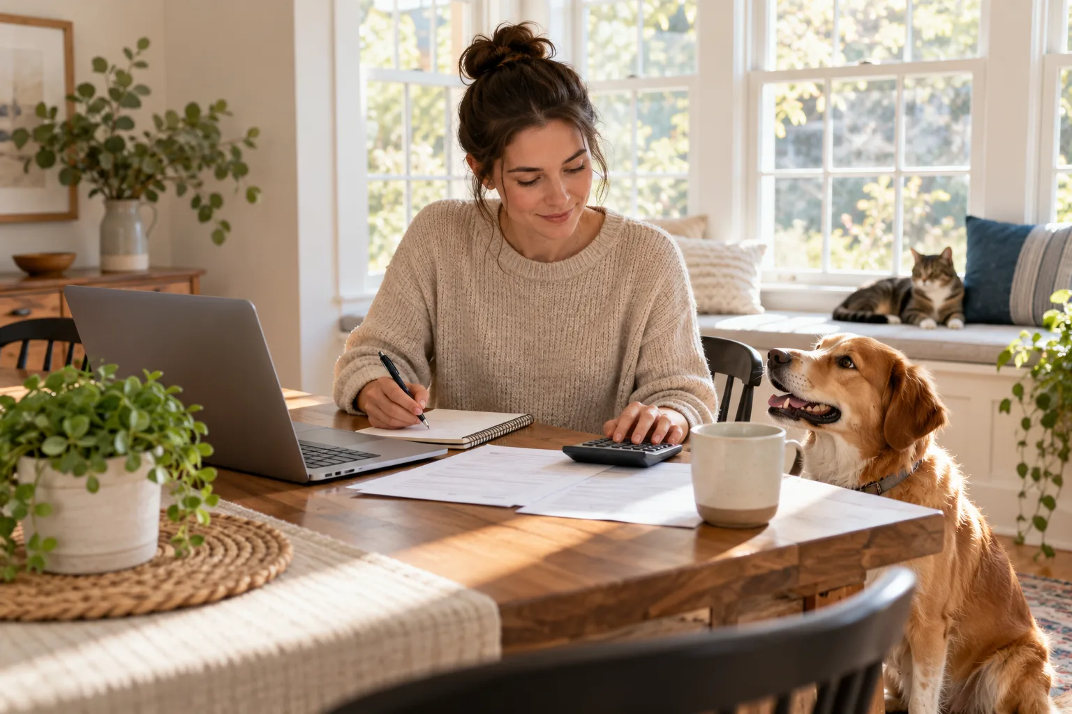 Owner checking papers at a desk with a dog nearby
